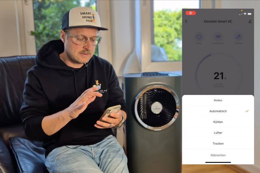 Klarstein App auf Smartphone mit geöffnetem Timer-Menü für die Kraftwerk Klimaanlage